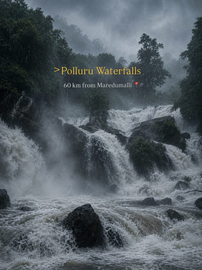 Polluru waterfalls rushing over boulders in heavy monsoon flow