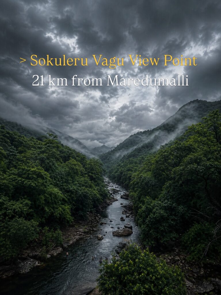 Sokuleru Vagu stream winding through a forested valley under monsoon clouds near Maredumilli